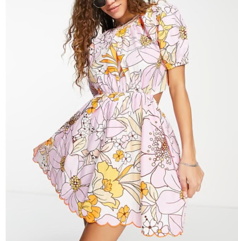 ASOS DESIGN Pink Floral Cutout Puff Sleeve Mini Dress Scalloped Hem Boho 10